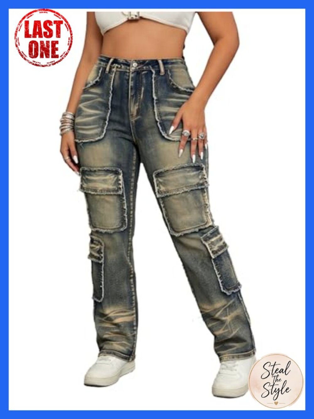 Plus Size Cargo Jeans, Vintage Washed Straight Leg Denim Pants Multi-Pockets